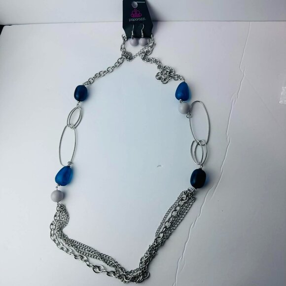 Paparazzi Blue & Silver Multi-Bead Long Necklace Set w/ Matching Gray Earrings - Picture 2 of 5